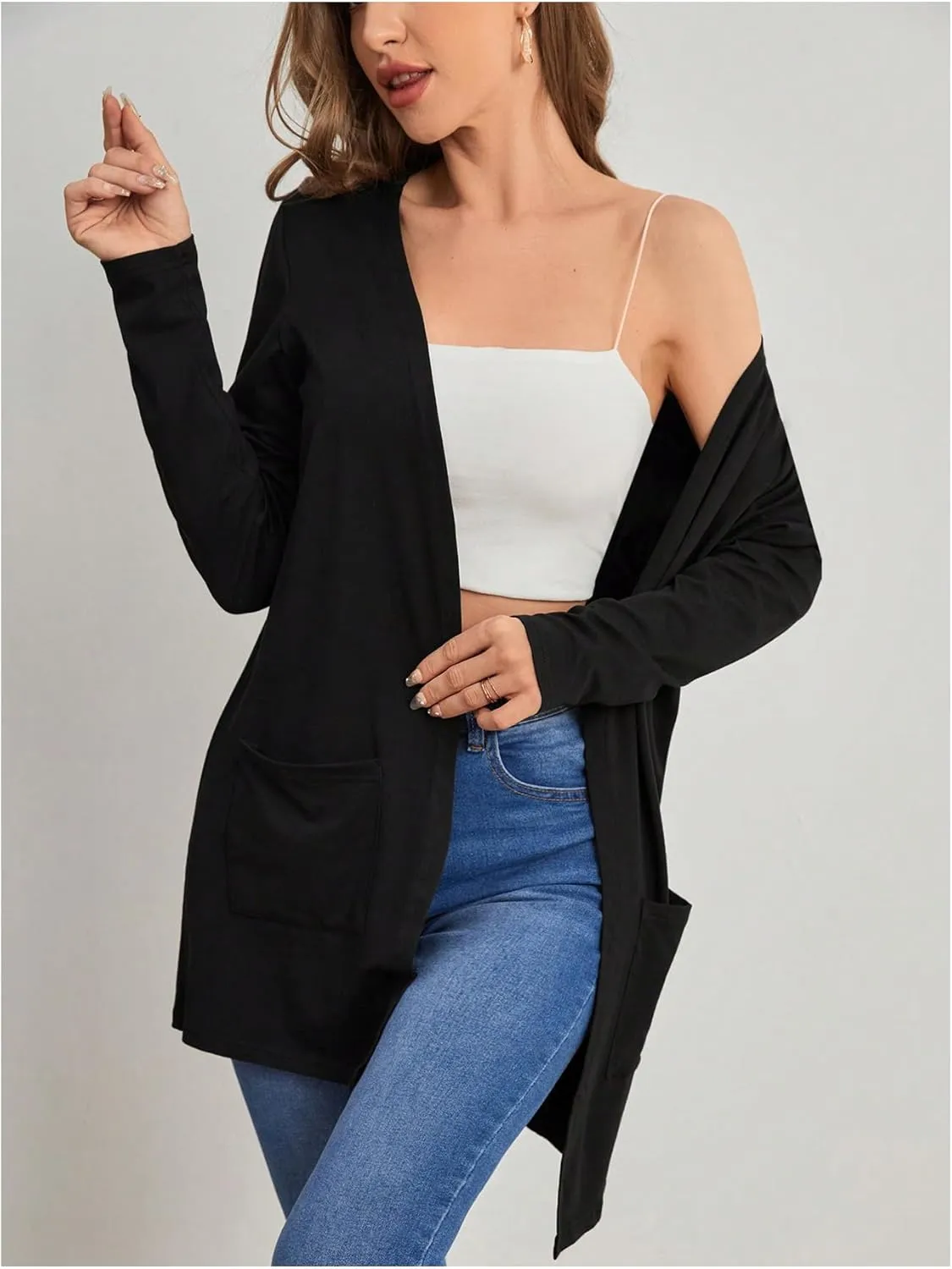 Women's Long Sleeve Basic Open Front Cardigan Casual Fall Jackets Outerwear with Pockets