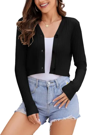 Women's Long Sleeve Cropped Cardigan Sweaters V Neck Solid Button Down Knit Bolero Shrugs