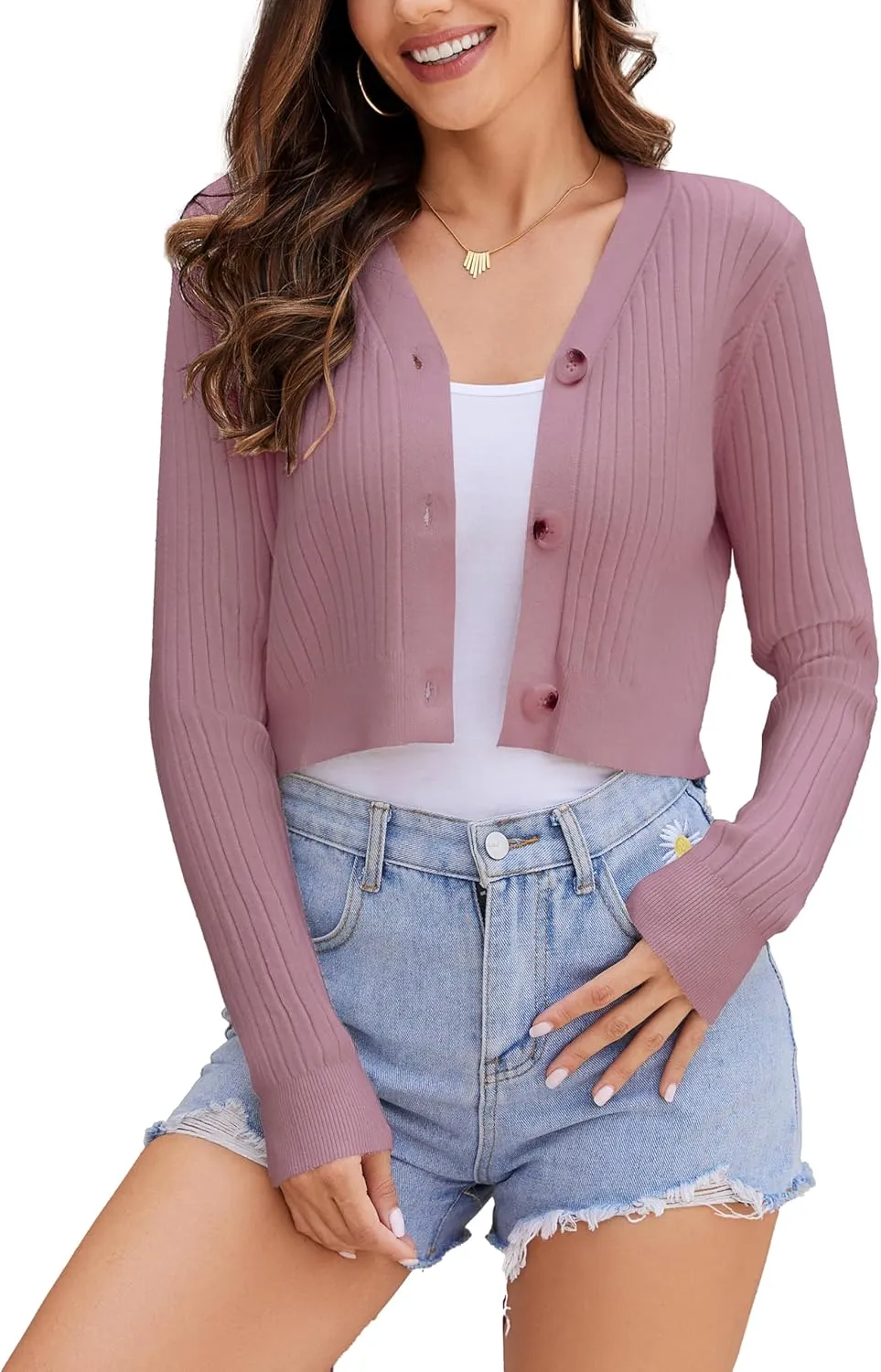 Women's Long Sleeve Cropped Cardigan Sweaters V Neck Solid Button Down Knit Bolero Shrugs