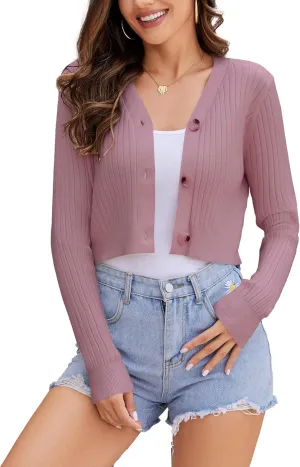 Women's Long Sleeve Cropped Cardigan Sweaters V Neck Solid Button Down Knit Bolero Shrugs