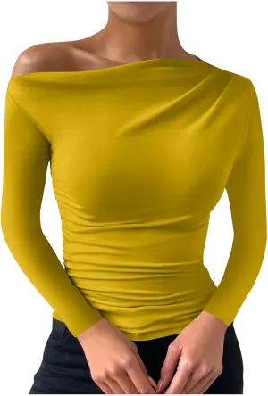 Women's Long Sleeve One Shoulder Tops Ruched Slim Fit Y2K Tight Shirts Solid Color Fall Winter Office Work Sexy Tops