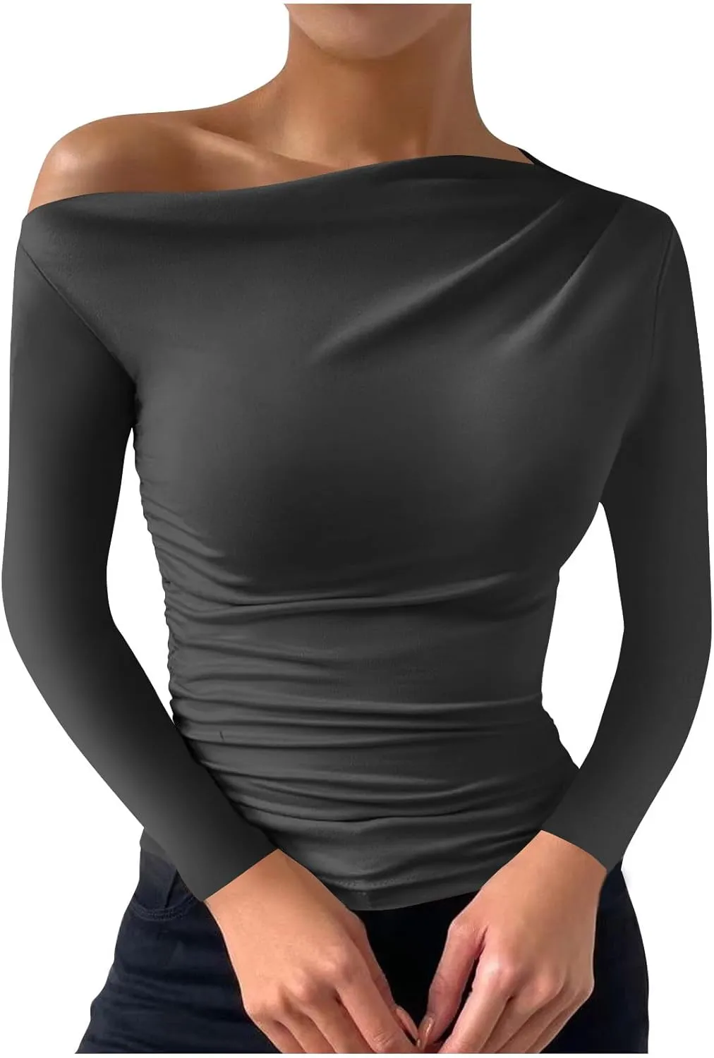 Women's Long Sleeve One Shoulder Tops Ruched Slim Fit Y2K Tight Shirts Solid Color Fall Winter Office Work Sexy Tops