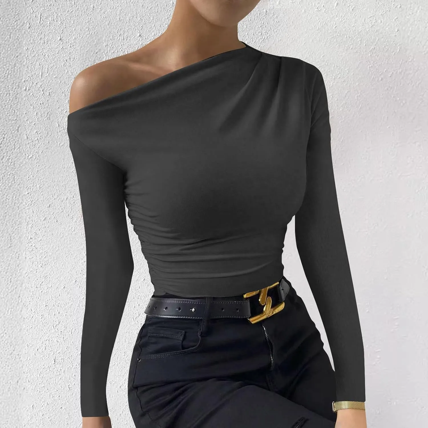 Women's Long Sleeve One Shoulder Tops Ruched Slim Fit Y2K Tight Shirts Solid Color Fall Winter Office Work Sexy Tops