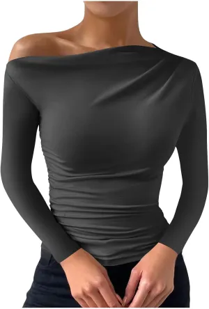Women's Long Sleeve One Shoulder Tops Ruched Slim Fit Y2K Tight Shirts Solid Color Fall Winter Office Work Sexy Tops