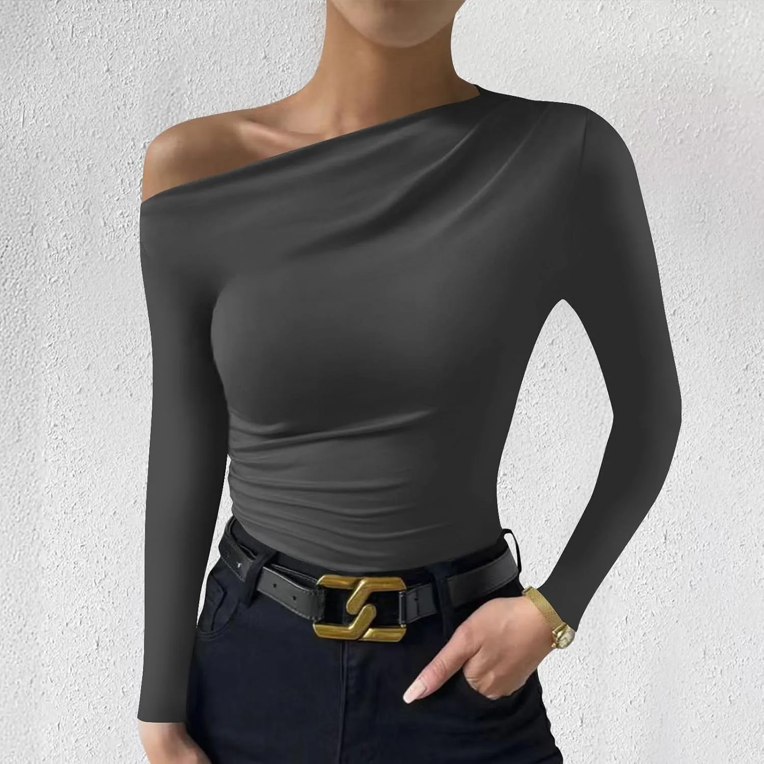 Women's Long Sleeve One Shoulder Tops Ruched Slim Fit Y2K Tight Shirts Solid Color Fall Winter Office Work Sexy Tops