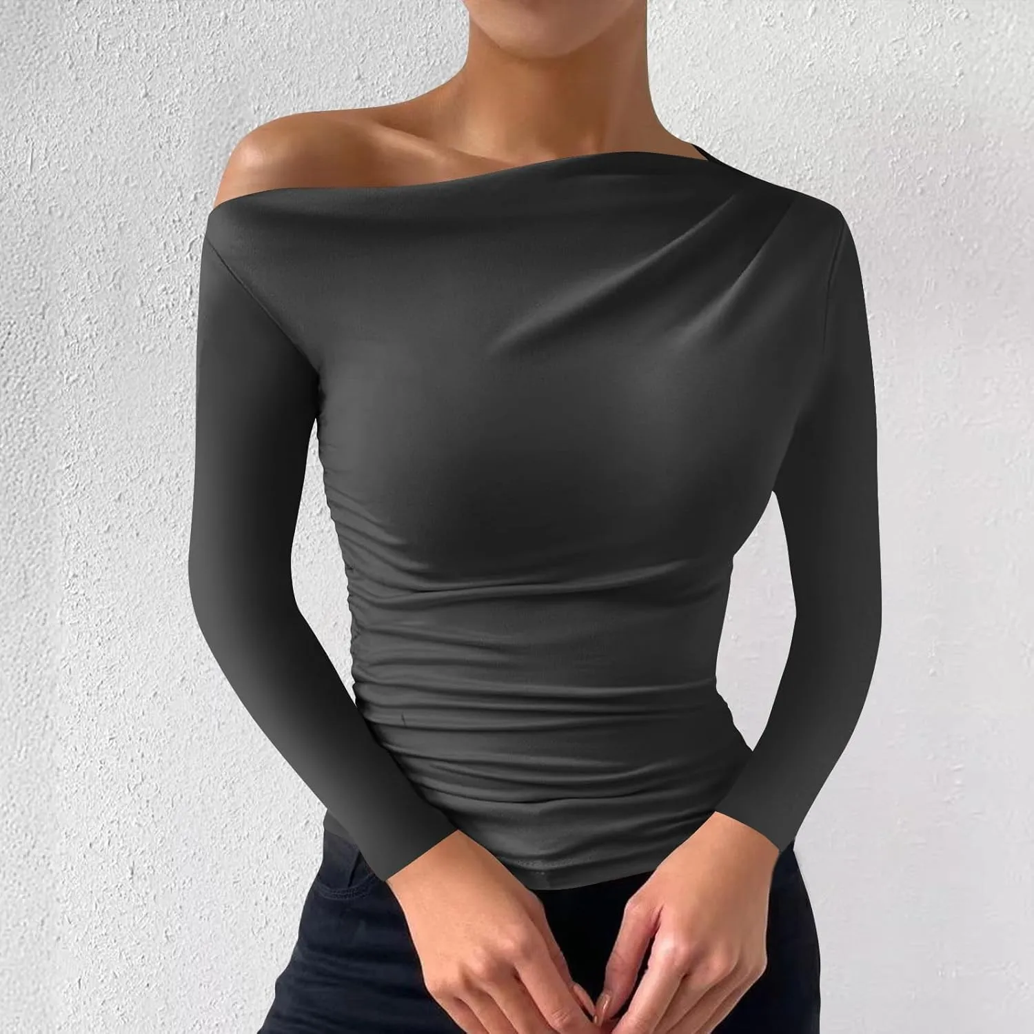 Women's Long Sleeve One Shoulder Tops Ruched Slim Fit Y2K Tight Shirts Solid Color Fall Winter Office Work Sexy Tops