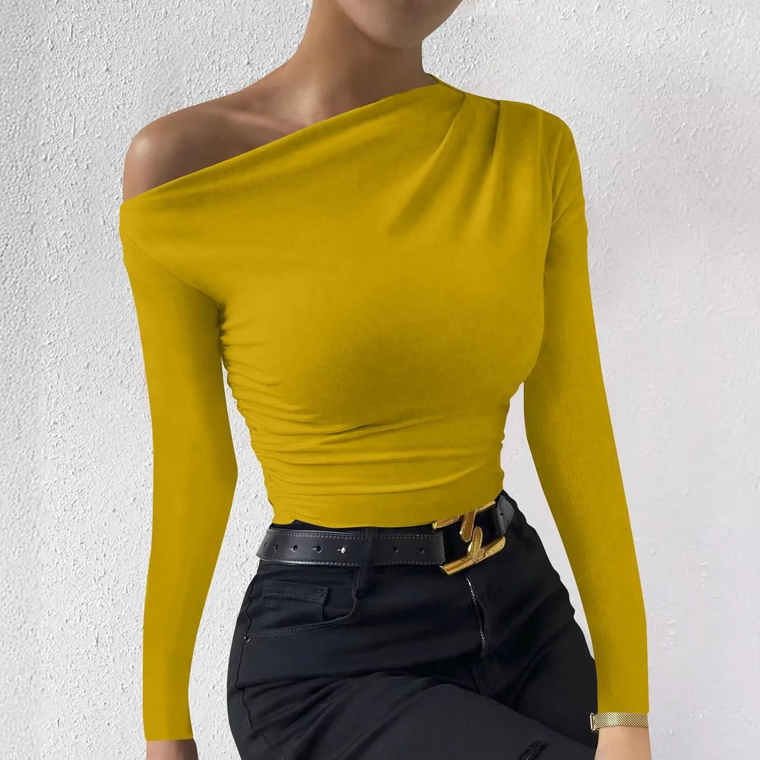 Women's Long Sleeve One Shoulder Tops Ruched Slim Fit Y2K Tight Shirts Solid Color Fall Winter Office Work Sexy Tops