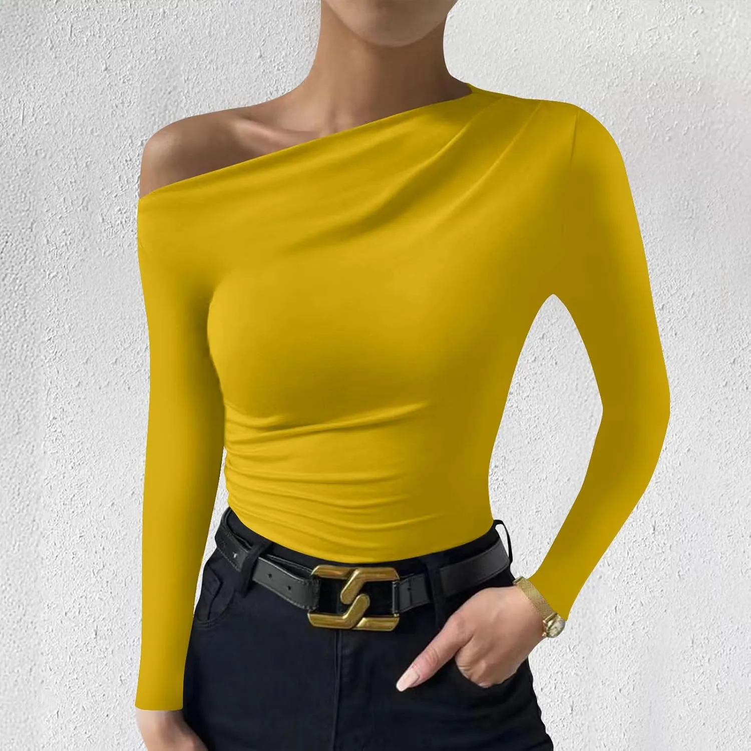 Women's Long Sleeve One Shoulder Tops Ruched Slim Fit Y2K Tight Shirts Solid Color Fall Winter Office Work Sexy Tops