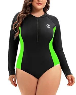 Women's Long Sleeve Plus Size One Piece Swimsuit With Zipper Upf 50 -Black