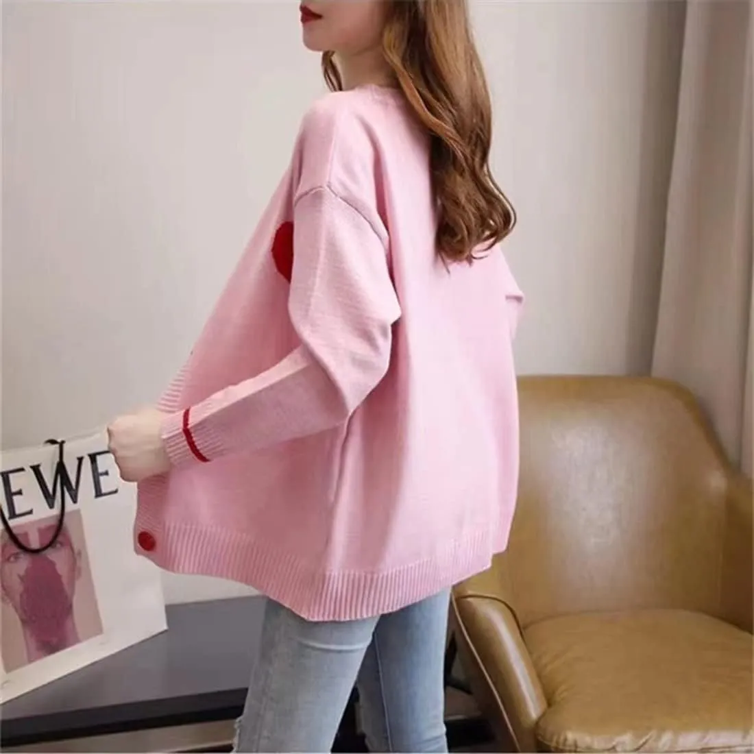 Women's Love Heart Knitted Cardigan Cute Sweater Y2K Button Down Outerwear S-2XL