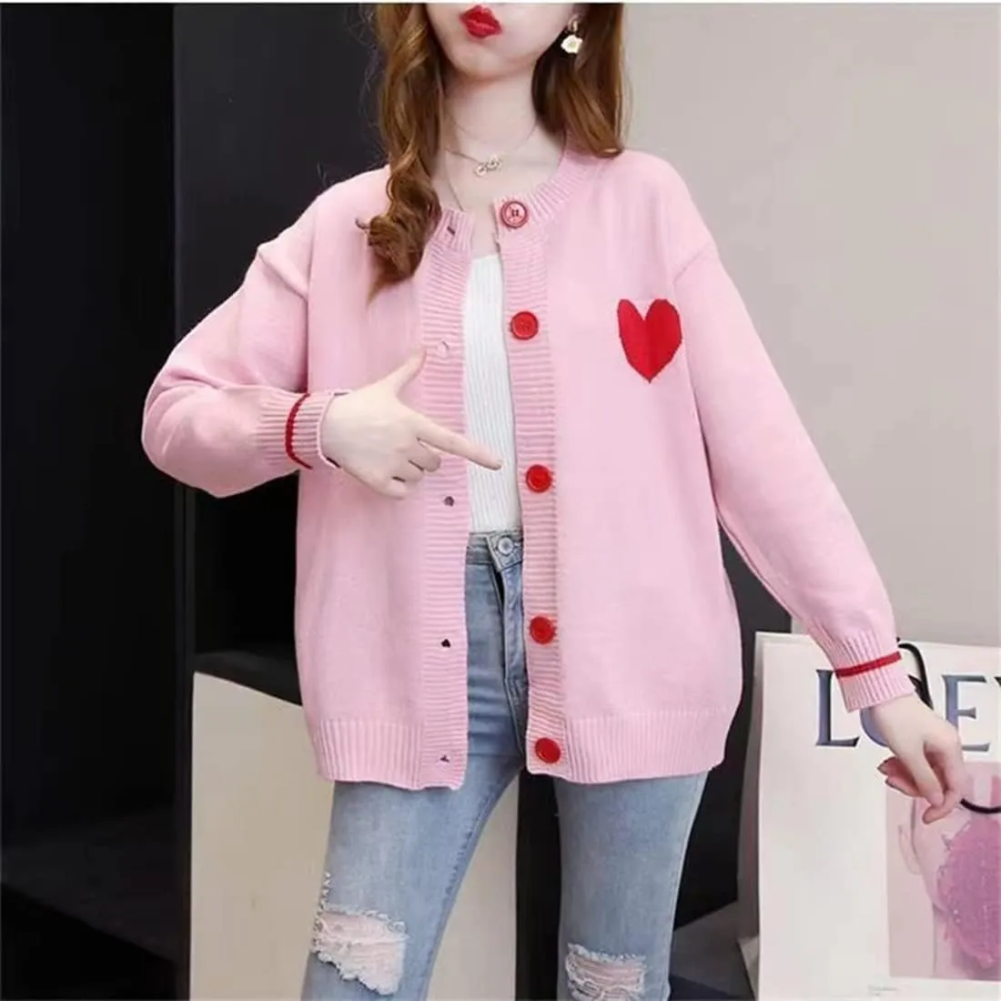 Women's Love Heart Knitted Cardigan Cute Sweater Y2K Button Down Outerwear S-2XL