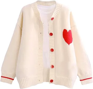 Women's Love Heart Knitted Cardigan Cute Sweater Y2K Button Down Outerwear S-2XL