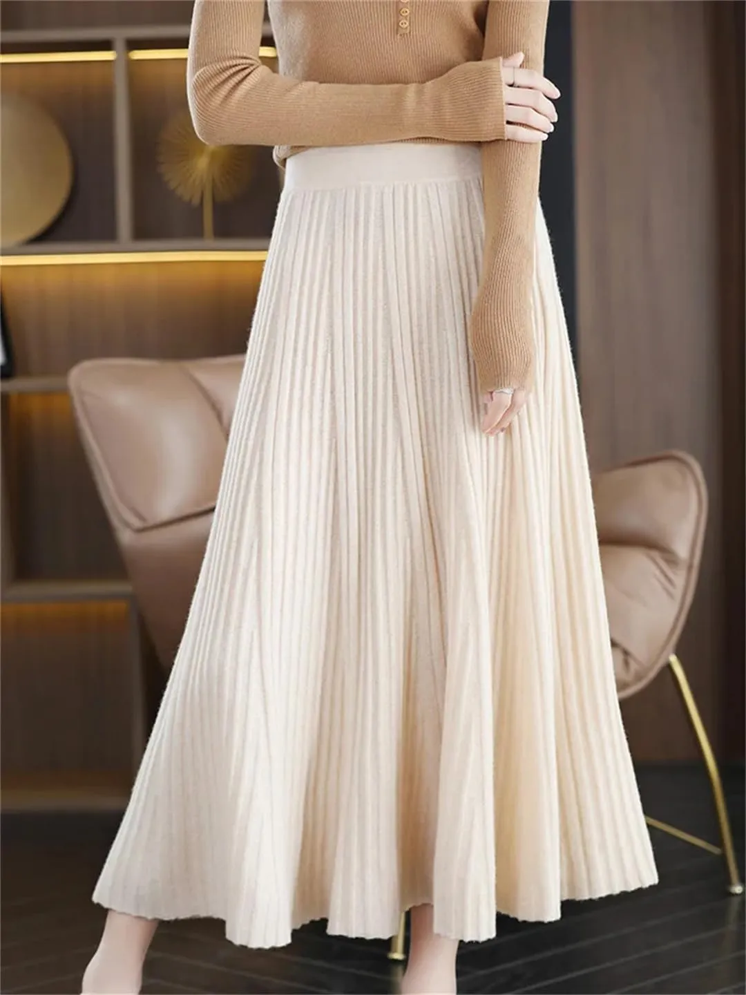 Women's Merino Wool Knit Skirt Pleated High Waist Stretch A Line Solid Color Midi Skirts