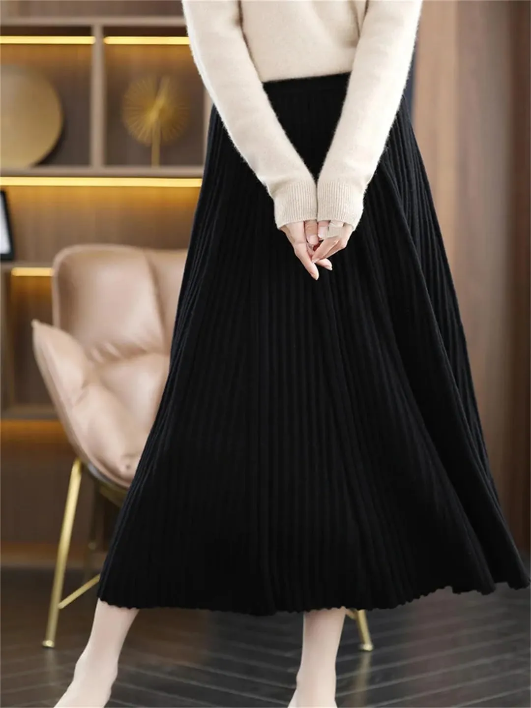 Women's Merino Wool Knit Skirt Pleated High Waist Stretch A Line Solid Color Midi Skirts