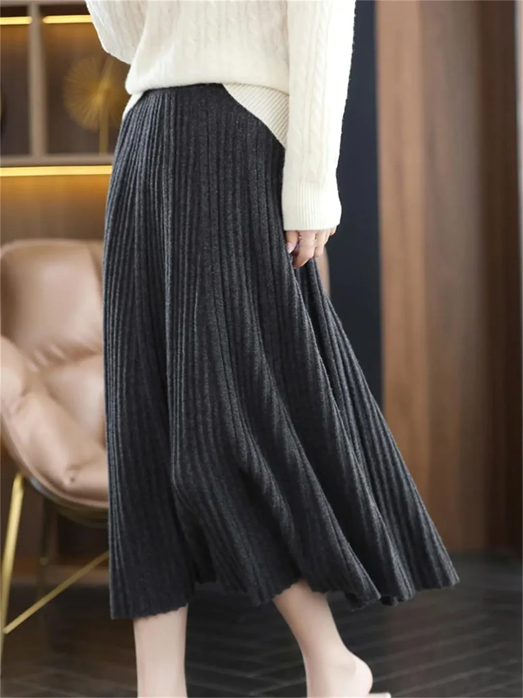 Women's Merino Wool Knit Skirt Pleated High Waist Stretch A Line Solid Color Midi Skirts