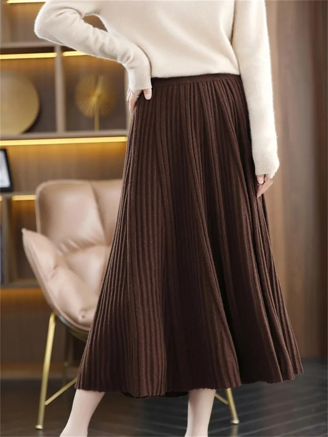 Women's Merino Wool Knit Skirt Pleated High Waist Stretch A Line Solid Color Midi Skirts