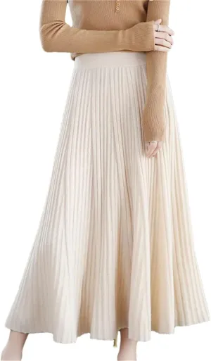 Women's Merino Wool Knit Skirt Pleated High Waist Stretch A Line Solid Color Midi Skirts