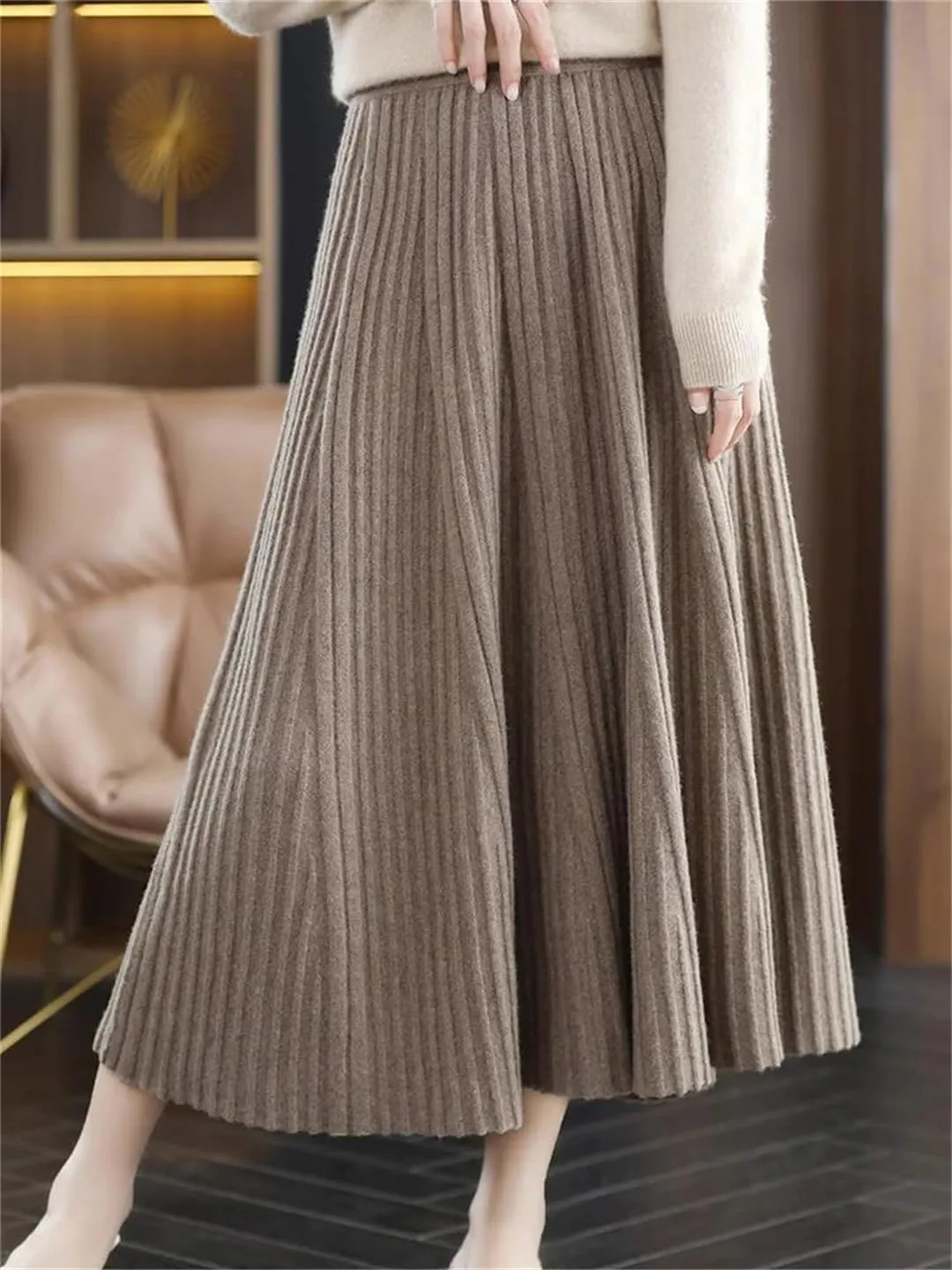 Women's Merino Wool Knit Skirt Pleated High Waist Stretch A Line Solid Color Midi Skirts