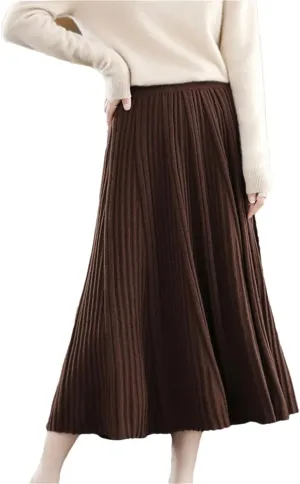 Women's Merino Wool Knit Skirt Pleated Stretch High Waist Solid Color A-Line Midi Skirts