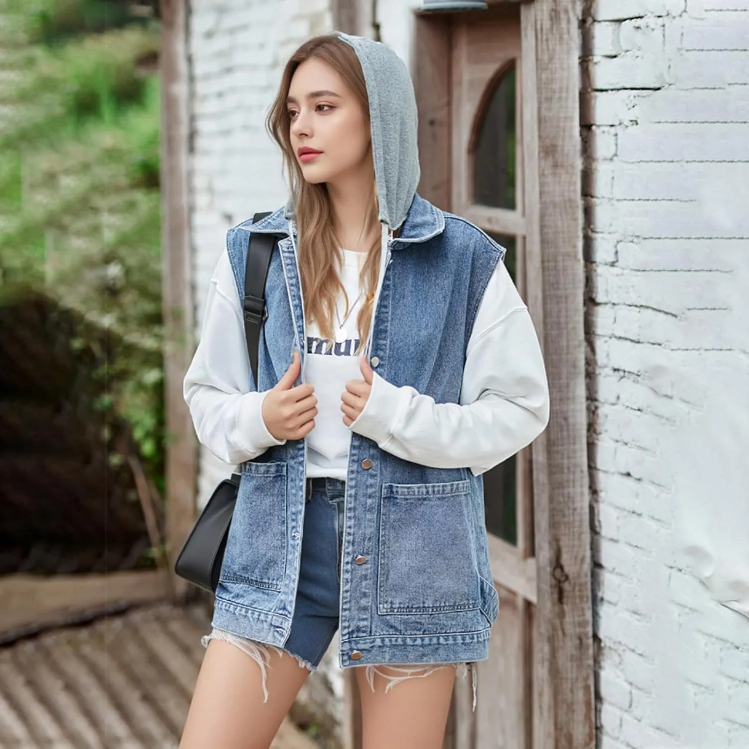 Womens Oversized Denim Vest Hooded Button Down Sleeveless Coats Drop Shoulder Washed Distressed Jean Vest Jacket