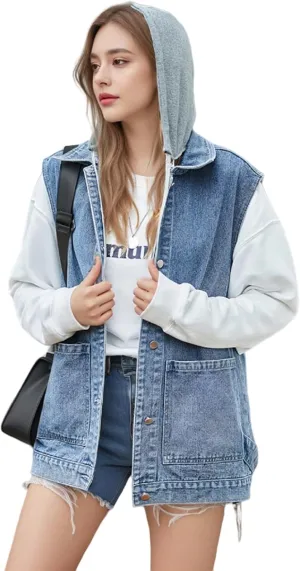 Womens Oversized Denim Vest Hooded Button Down Sleeveless Coats Drop Shoulder Washed Distressed Jean Vest Jacket
