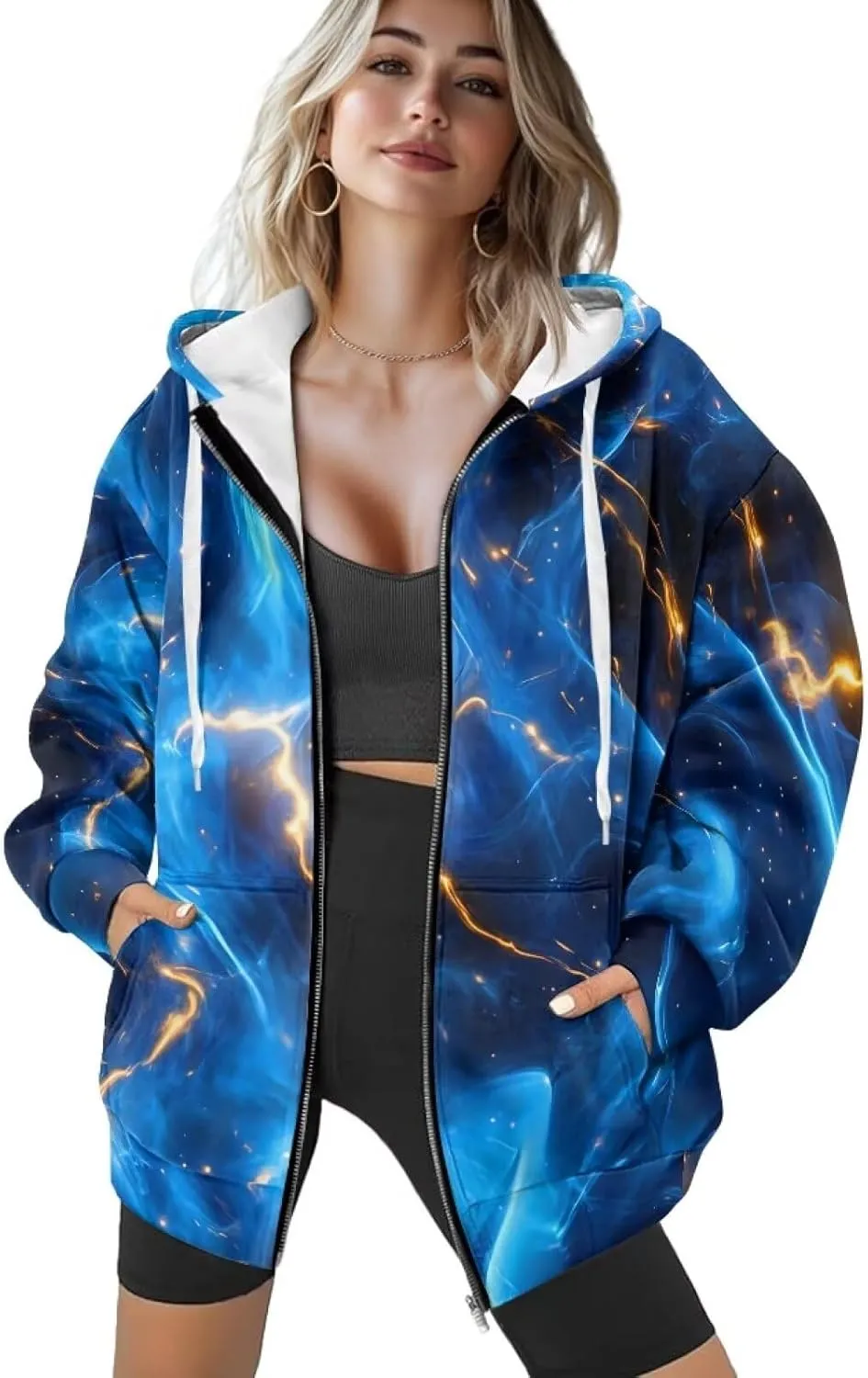 Women's Oversized Drawstring Sweatshirt Fall/Winter Outfits Long Sleeve Hoodies Zip Up Casual Jackets with Pocket