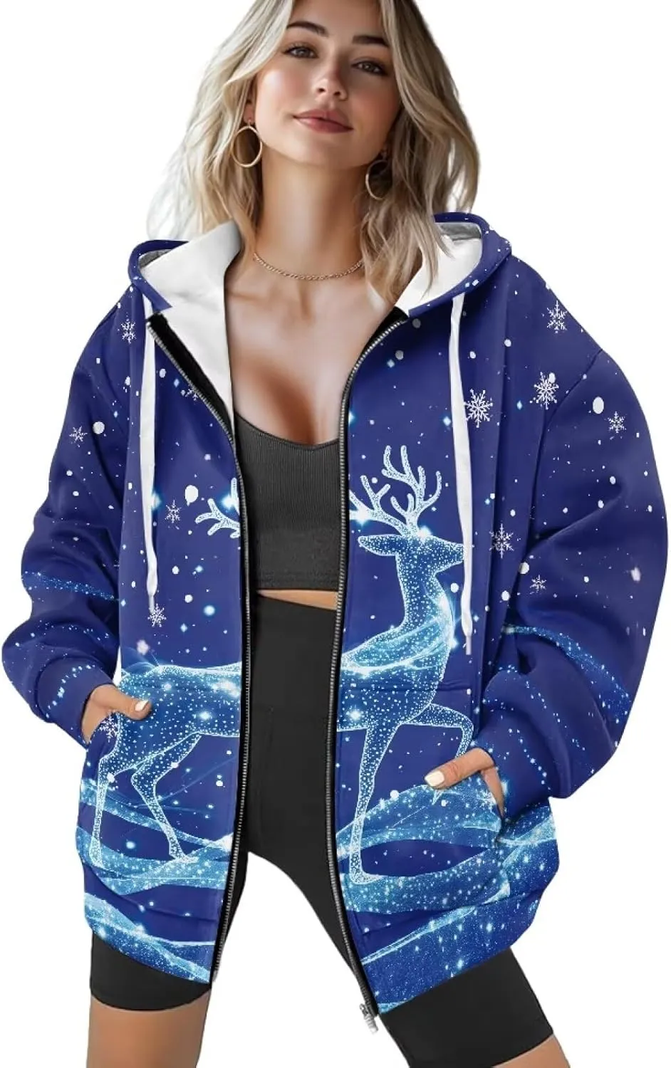 Women's Oversized Drawstring Sweatshirt Fall/Winter Outfits Long Sleeve Hoodies Zip Up Casual Jackets with Pocket