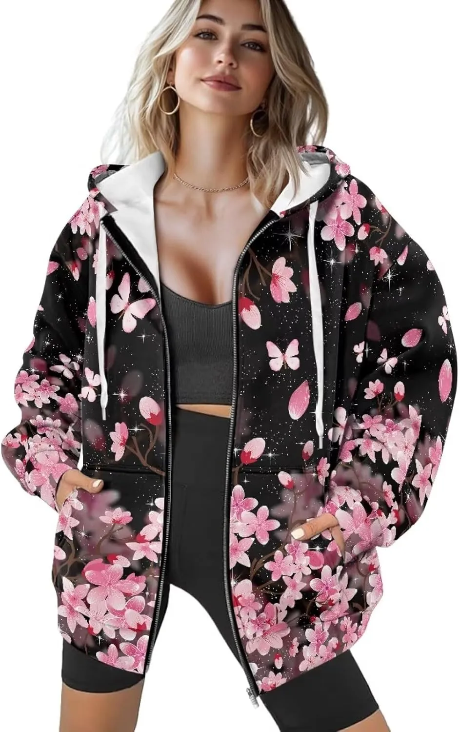 Women's Oversized Drawstring Sweatshirt Fall/Winter Outfits Long Sleeve Hoodies Zip Up Casual Jackets with Pocket