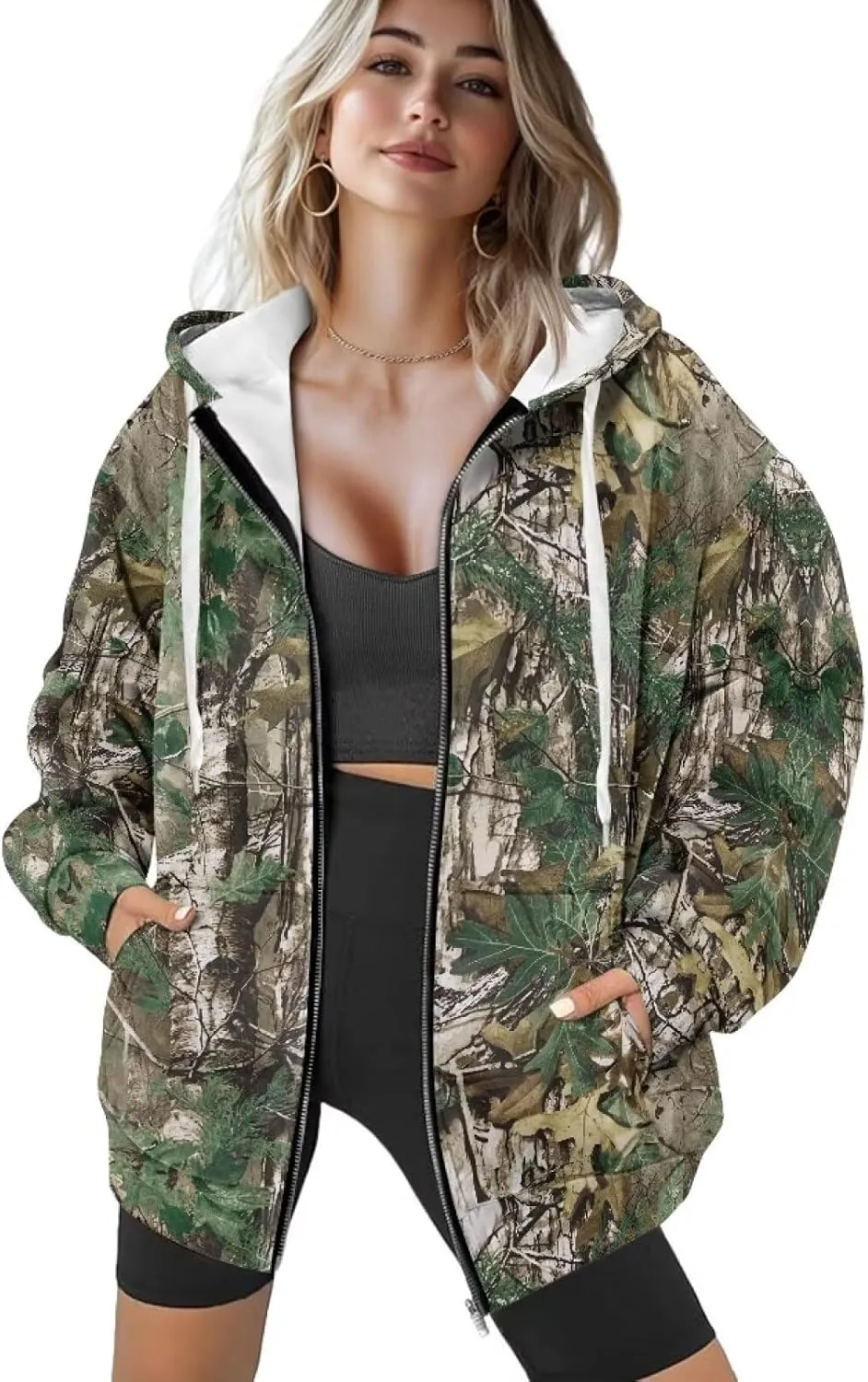 Women's Oversized Drawstring Sweatshirt Fall/Winter Outfits Long Sleeve Hoodies Zip Up Casual Jackets with Pocket