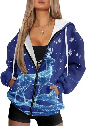 Women's Oversized Drawstring Sweatshirt Fall/Winter Outfits Long Sleeve Hoodies Zip Up Casual Jackets with Pocket