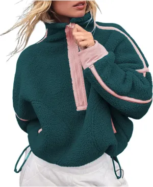 Women's Oversized Fleece Sweatshirt Long Sleeve Half Zip Sherpa Hoodie Fleece Pullover Top With Pockets