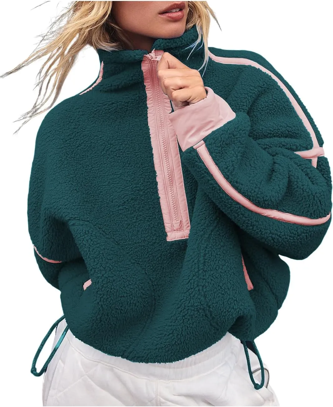 Women's Oversized Fleece Sweatshirt Long Sleeve Half Zip Sherpa Hoodie Fleece Pullover Top With Pockets