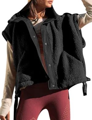 Womens Oversized Fuzzy Fleece Vest Button Down Sherpa Sleeveless Outerwear Coat with Pockets