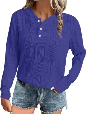 Women's Oversized Hoodies Casual Long Sleeve Button Collar Hooded Sweatshirts Fashion Solid Color Pullover Tops