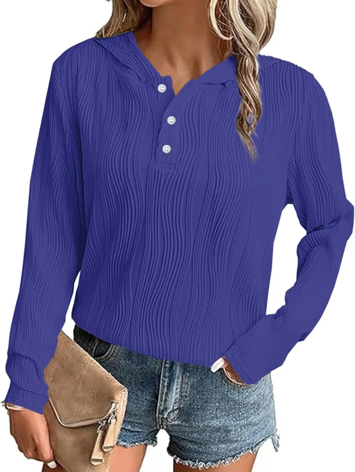 Women's Oversized Hoodies Casual Long Sleeve Button Collar Hooded Sweatshirts Fashion Solid Color Pullover Tops