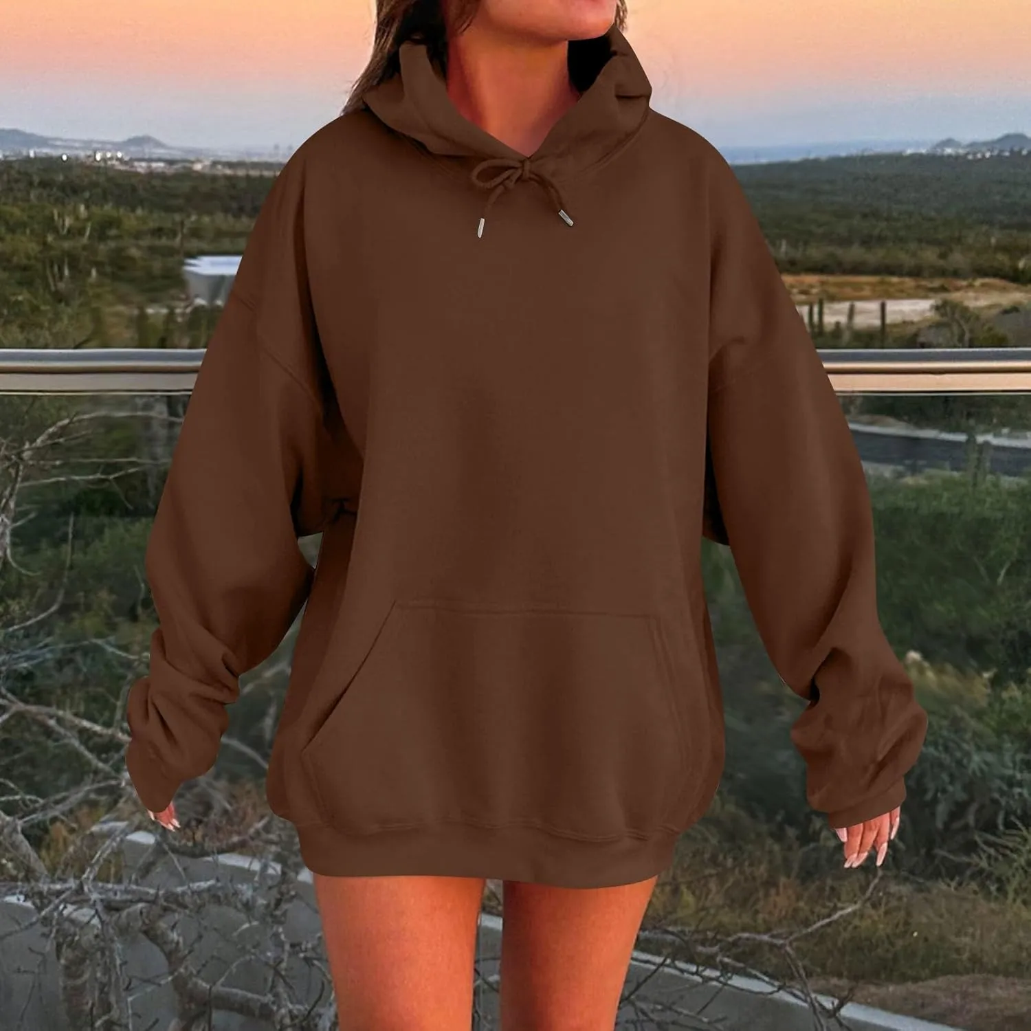 Womens Oversized Hoodies Fleece Solid Color Long Sleeve Sweatshirts with Pockets Winter Basic Pullover 2024 Fashion Tops