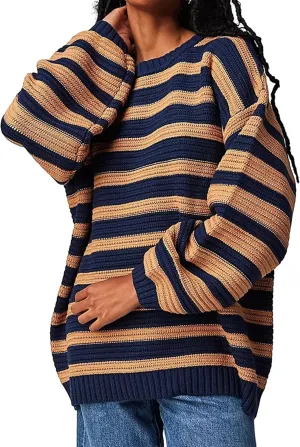 Women's Pullover Oversized Striped Sweaters 2025 Crewneck Batwing Long Sleeve Knit Tops Fall Winter Sweater Jumper