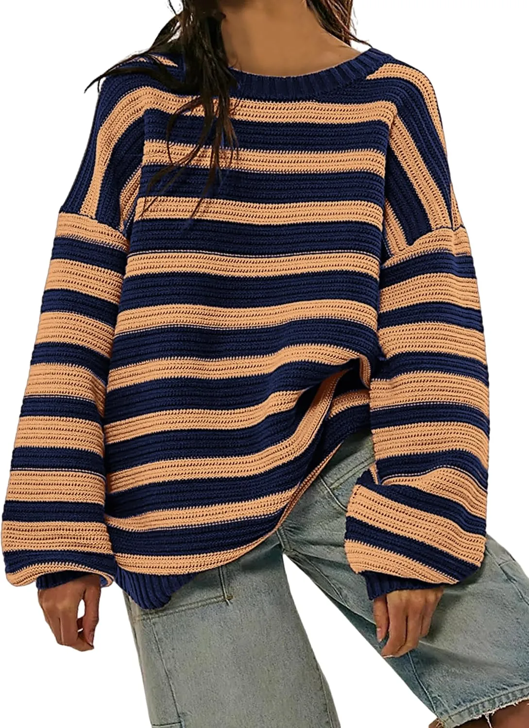 Women's Pullover Oversized Striped Sweaters 2025 Crewneck Batwing Long Sleeve Knit Tops Fall Winter Sweater Jumper