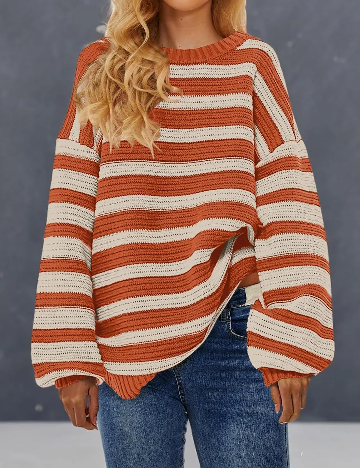 Women's Pullover Oversized Striped Sweaters 2025 Crewneck Batwing Long Sleeve Knit Tops Fall Winter Sweater Jumper