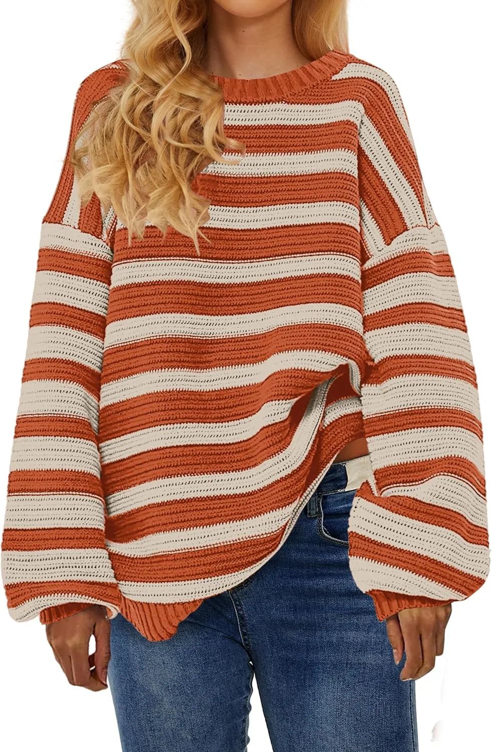 Women's Pullover Oversized Striped Sweaters 2025 Crewneck Batwing Long Sleeve Knit Tops Fall Winter Sweater Jumper