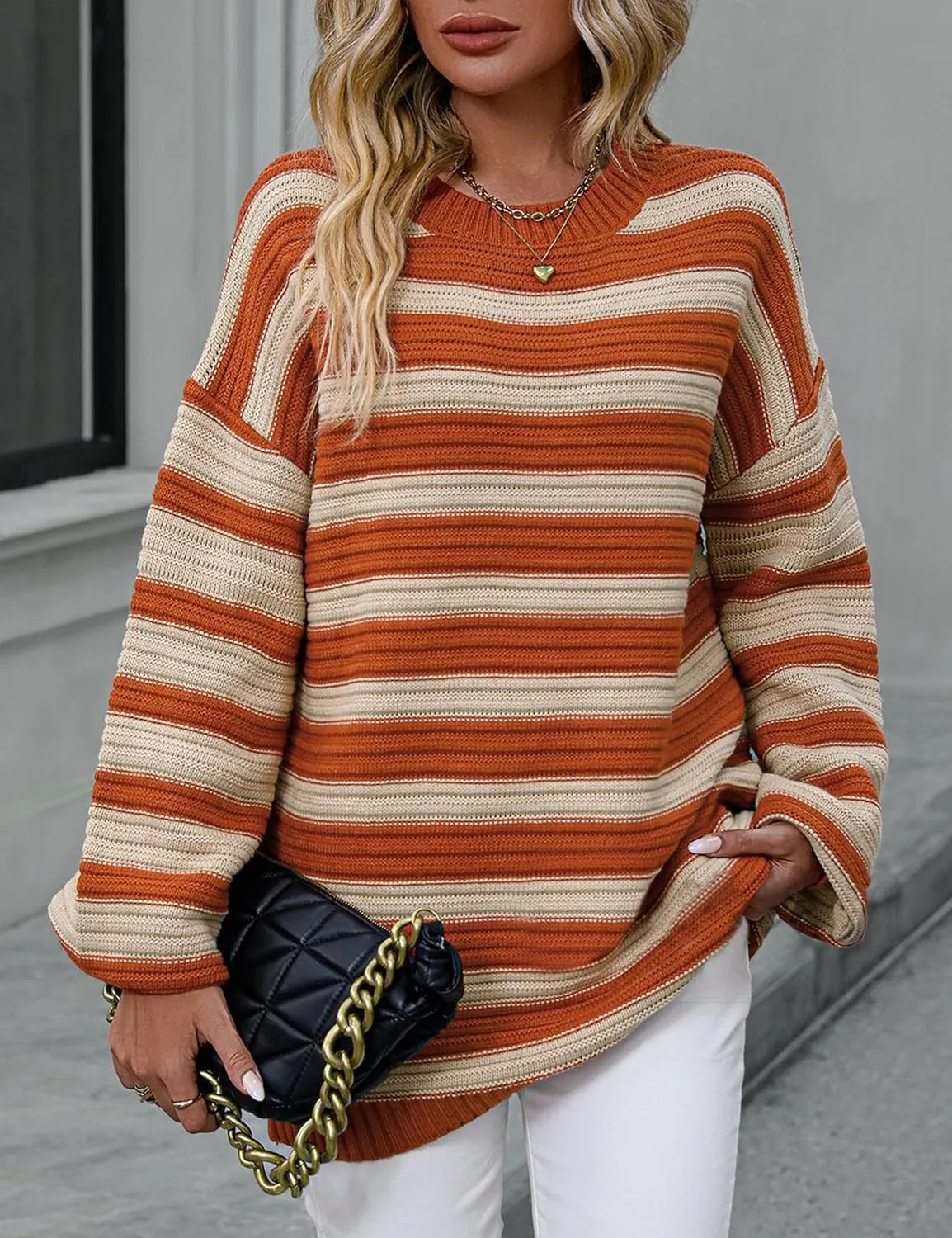 Women's Pullover Oversized Striped Sweaters 2025 Crewneck Batwing Long Sleeve Knit Tops Fall Winter Sweater Jumper