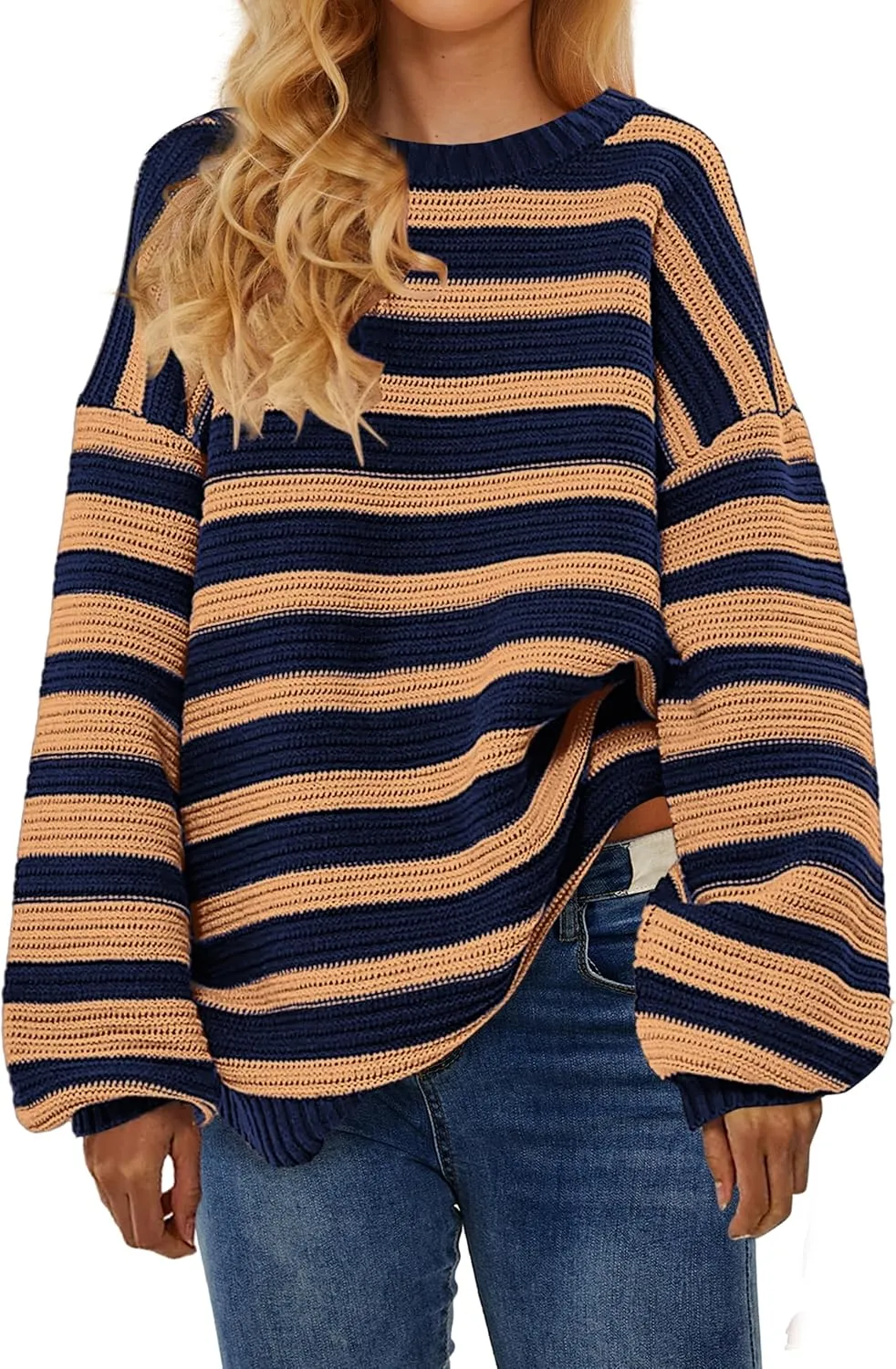 Women's Pullover Oversized Striped Sweaters 2025 Crewneck Batwing Long Sleeve Knit Tops Fall Winter Sweater Jumper