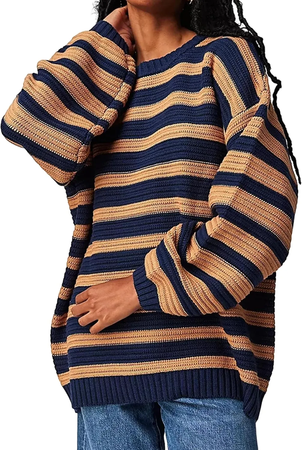 Women's Pullover Oversized Striped Sweaters 2025 Crewneck Batwing Long Sleeve Knit Tops Fall Winter Sweater Jumper