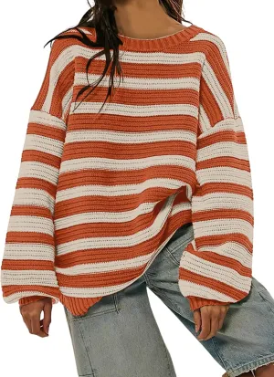 Women's Pullover Oversized Striped Sweaters 2025 Crewneck Batwing Long Sleeve Knit Tops Fall Winter Sweater Jumper