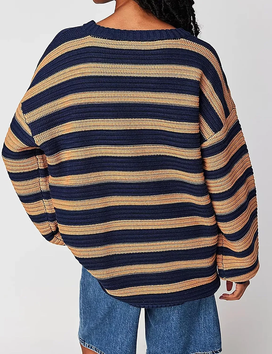 Women's Pullover Oversized Striped Sweaters 2025 Crewneck Batwing Long Sleeve Knit Tops Fall Winter Sweater Jumper