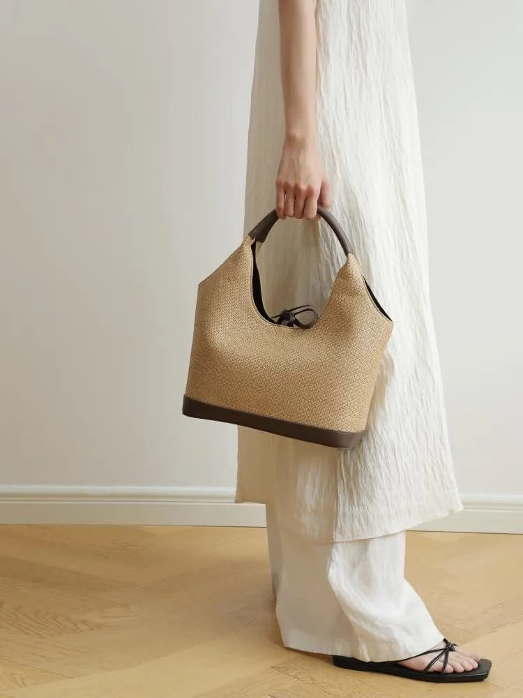 Women's Raffia Straw Woven Retro Shoulder Bucket Bag BowtieTotes Versatile Handbag Beach Vacation Holiday Large Capacity