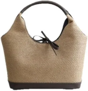 Women's Raffia Straw Woven Retro Shoulder Bucket Bag BowtieTotes Versatile Handbag Beach Vacation Holiday Large Capacity