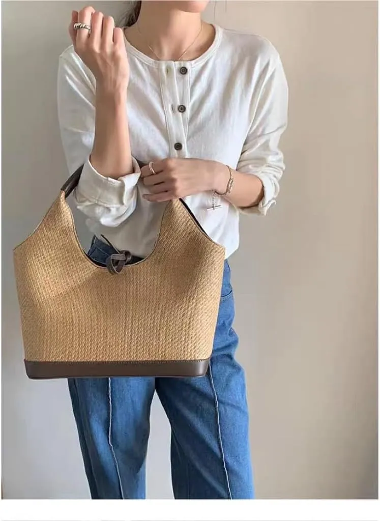 Women's Raffia Straw Woven Retro Shoulder Bucket Bag BowtieTotes Versatile Handbag Beach Vacation Holiday Large Capacity