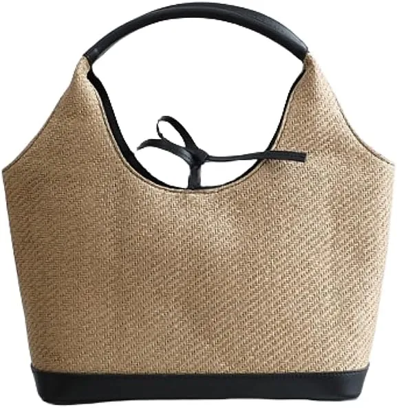 Women's Raffia Straw Woven Retro Shoulder Bucket Bag BowtieTotes Versatile Handbag Beach Vacation Holiday Large Capacity