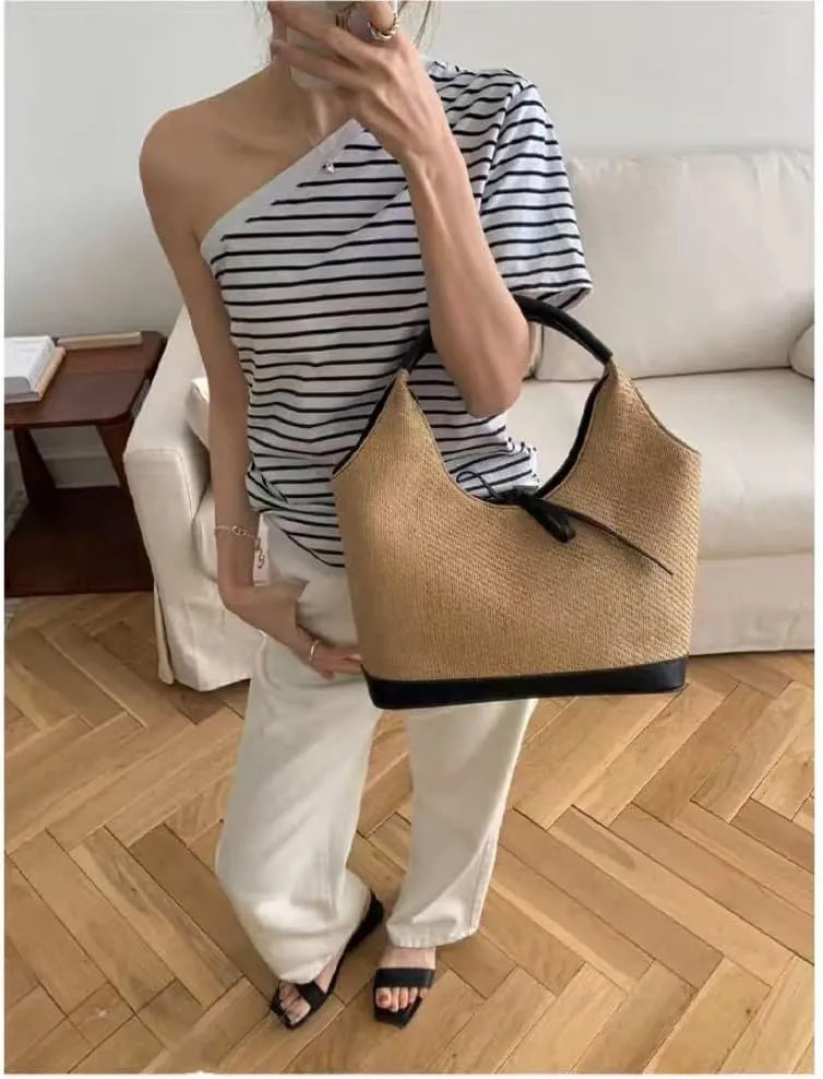 Women's Raffia Straw Woven Retro Shoulder Bucket Bag BowtieTotes Versatile Handbag Beach Vacation Holiday Large Capacity